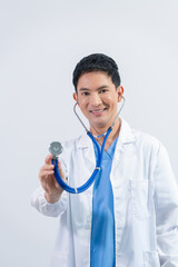 Attractive Middle aged asian male doctor pediatric, physical or psychiatrist in white coat with stethoscope standing isolated on white background, virus, health care, disease treatment