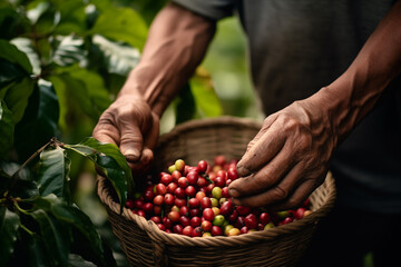 the hands of a farmer collecting coffee beans directly from the plant in a coffee plantation - 763911213