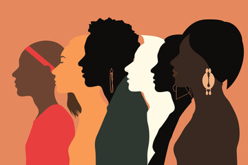 Silhouette profile group of men and women of diverse culture. Diversity multi-ethnic and multiracial people. Concept of racial equality and anti-racism. Multicultural society. Friendship
