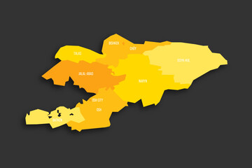 Kyrgyzstan political map of administrative divisions - regions and independent cities of Bishkek and Osh. Yellow shade flat vector map with name labels and dropped shadow isolated on dark grey