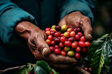 the hands of a farmer collecting coffee beans directly from the plant in a coffee plantation - 763911238