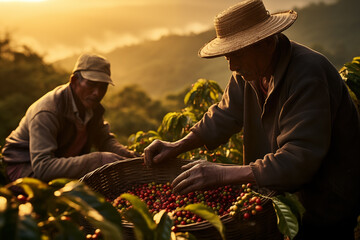 the hands of a farmer collecting coffee beans directly from the plant in a coffee plantation - obrazy, fototapety, plakaty