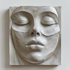 Plaster relief sculpture inspired by ancient goddess figures, depicting a woman's face with ethereal grace and divine allure