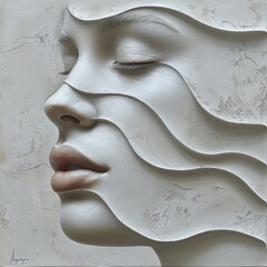 Modern interpretation of a woman's face sculpture in plaster relief, featuring sleek lines and minimalist detailing for a contemporary aesthetic