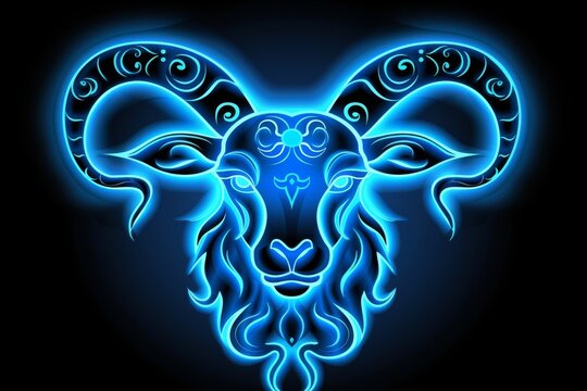 Capricorn zodiac sign shining in blue on black background, astrology constellation symbol