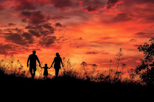 happy family silhouette on the sunset, happy family on the sunset, happy family in the playground, happy family, family in the ground