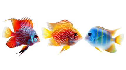 Animals popular fish pets aquarium salt water ocean sea fish banner panorama - Collection of different 3 fishes, isolated on white background PNG