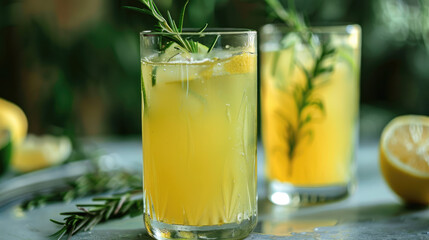 Fresh lemonade with organic lemons, rosemary and ice in a glass.