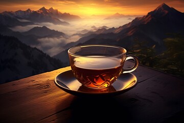 a cup of tea on a table with mountains in the background - obrazy, fototapety, plakaty