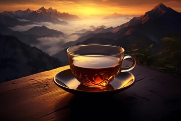 Poster a cup of tea on a table with mountains in the background © Petru