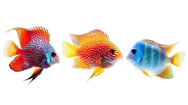Animals popular fish pets aquarium salt water ocean sea fish banner panorama - Collection of different 3 fishes, isolated on white background PNG