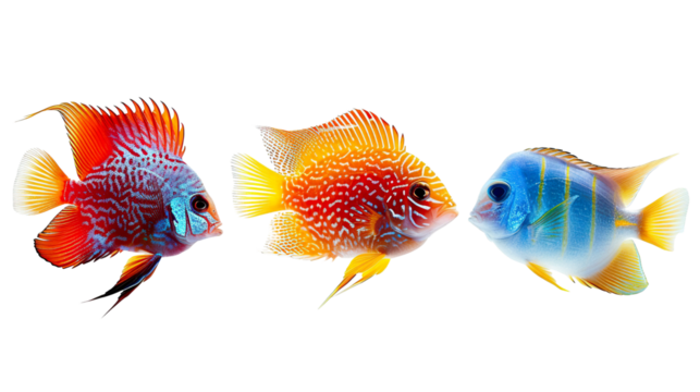 Animals popular fish pets aquarium salt water ocean sea fish banner panorama - Collection of different 3 fishes, isolated on white background PNG