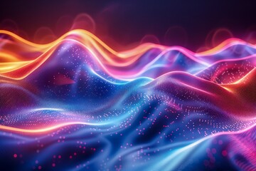 Vibrant Abstract Wavy Background With Glowing Neon Lights and Particles in Blue and Pink Hues Digital Illustration