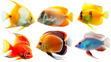 Animals popular fish pets aquarium salt water ocean sea fish banner panorama - Collection of different 3 fishes, isolated on white background PNG