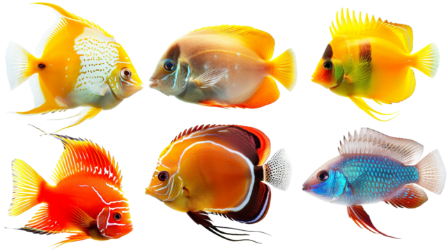Animals popular fish pets aquarium salt water ocean sea fish banner panorama - Collection of different 3 fishes, isolated on white background PNG