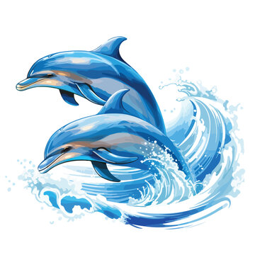 A pair of graceful dolphins frolicking in the waves 
