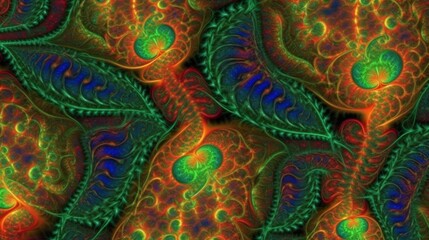 Obraz premium Intricate fractal patterns with a psychedelic color scheme featuring deep reds and vivid greens, exuding a mystical and complex beauty