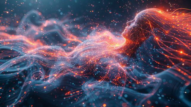 Envision a sophisticated and abstract visualization of artificial intelligence interacting with digital technology
