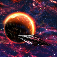 alien spaceship approaching an extrasolar planet