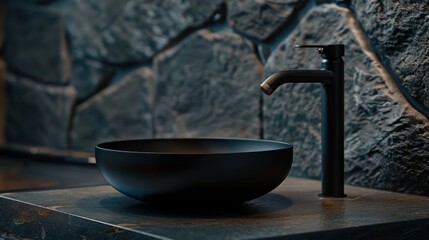Stylish black marble vessel round sink and faucet on stone countertop. Interior design of modern bathroom. - obrazy, fototapety, plakaty