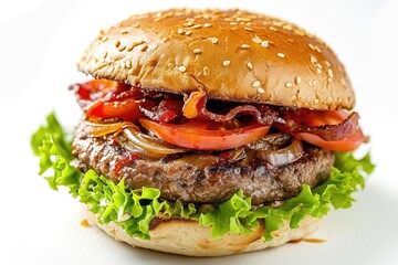 hamburger with Light Brioche Hamburger Buns, Crispy Bacon, grilled Tomino Piemontese, sliced tomatoes, caramelized onion, and lettuce isolated on white  background