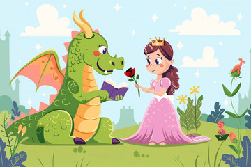 Illustration for Sant Jordi's Day in Catalonia. Tradition of giving roses and books, April 23rd. Day of the book and lovers. A princess gives a rose to the dragon.
