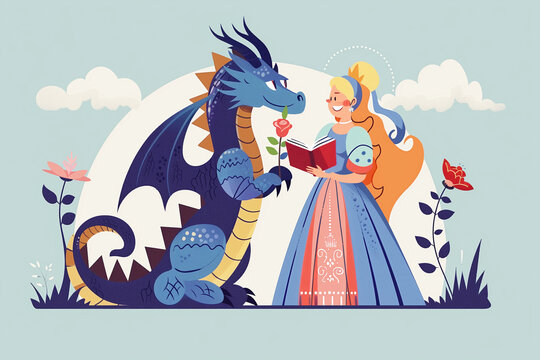 Illustration for the Diada de Sant Jordi in Catalonia. Tradition of giving roses and books, April 23rd. Day of the book and lovers. A dragon gives a rose to the princess.