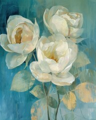 an abstract oil painting of white roses flowers with delicate golden and light blue details, capturing the timeless beauty and grace of the floral subject