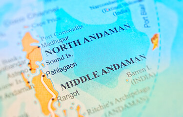 North Andaman and Middle Andaman on a map of India with blur effect.