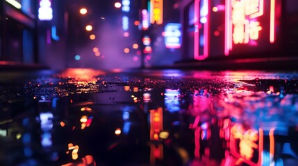 Night city lights reflected in a puddle. Abstract blurred background.