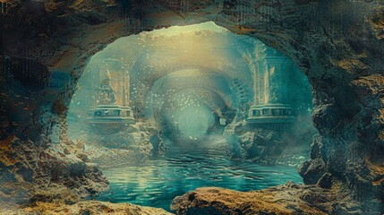 Underwater Cave Cathedrals: Ancient Submerged Shrines and conceptual metaphors of Ancient Submerged Shrines - obrazy, fototapety, plakaty