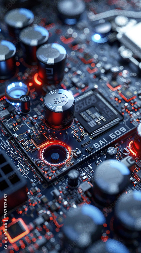 Poster a computer motherboard with a state-of-the-art ai processor. ai generative.