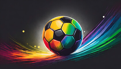 illustration of a soccer ball in rainbow colors against dark background,art design - 763913894