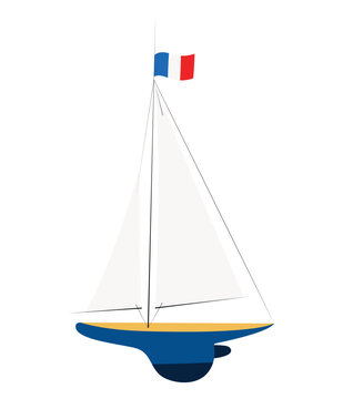 Toy boat with French flag, hand drawn in flat style. Kids toy to play on the water or a yacht model. Hand drawn vector illustration in flat design