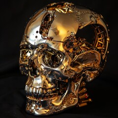 A striking sculpture of a human skull reimagined with golden steampunk machinery elements, set against a black background