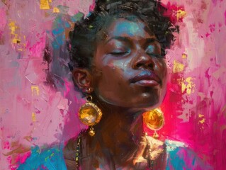 A painting depicting a woman with her eyes gently closed, conveying a sense of introspection. The womans serene expression suggests deep contemplation or relaxation
