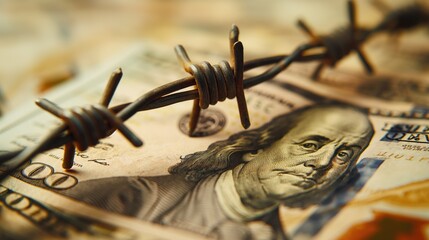 Dollar banknote with barbed wire economic crisis background. AI - obrazy, fototapety, plakaty
