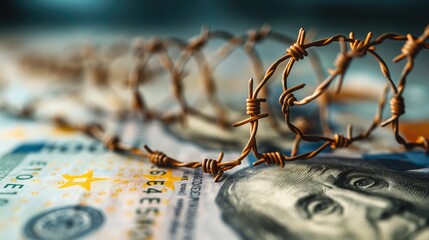 Dollar banknote with barbed wire economic crisis background. AI