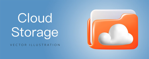 Cloud storage, Cloud folder banner in realistic 3d volumetric plastic style, isolated on background. Cloud upload or online file unloading.