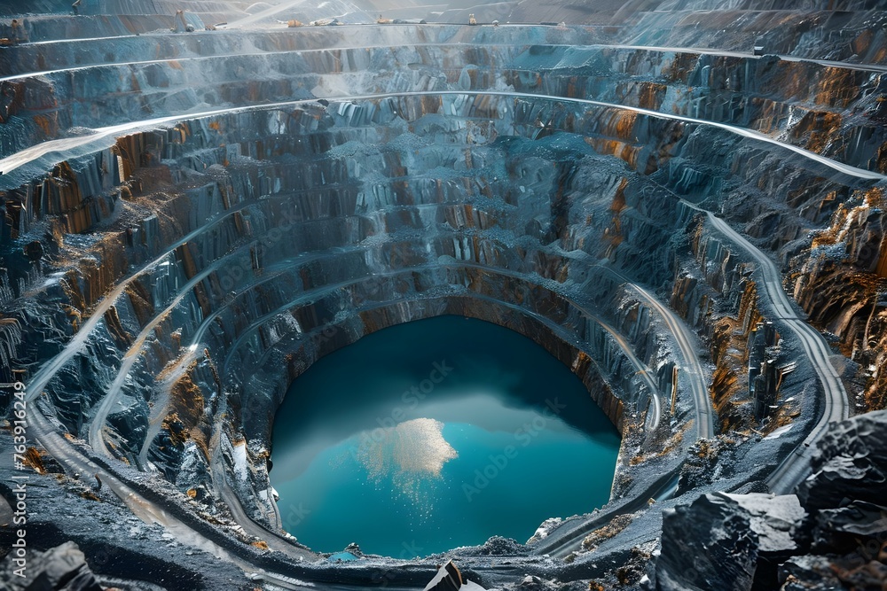 Poster an expansive openpit mine showcasing the vastness and industrial scale of mining operations. concept