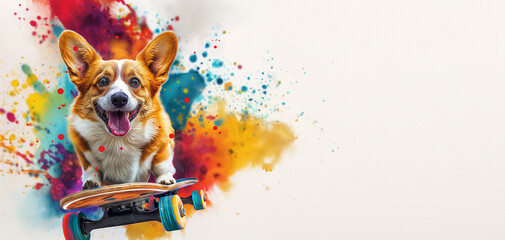 Corgi dog skateboarding with painted splashes. Dynamic moment as a corgi dog on skates makes a splash in vibrant paint. Concept creativity, freedom, and self-expression.  Banner, wallpaper, copyspace.