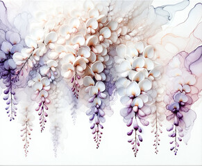 Wisteria flowers watercolor and alcohol ink paint white and soft purple colors isolated on white background with copy space for text for banner in concept floral background.