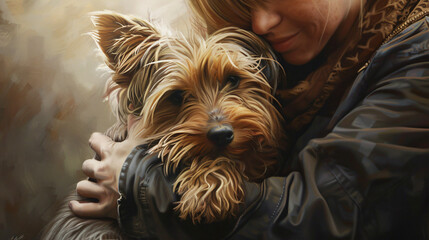a Yorkshire Terrier and its owner - obrazy, fototapety, plakaty