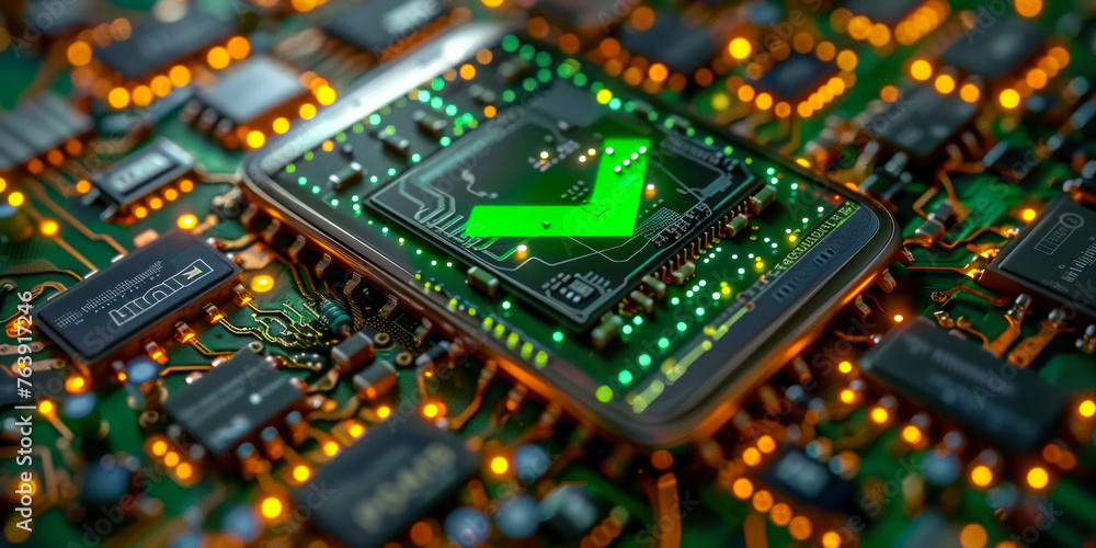 Poster smartphone on a circuit board displaying a green checkmark, representing a successful system update 