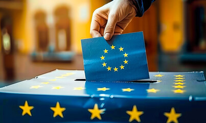 European Union ballot with a voting card being inserted into a ballot box, symbolizing democracy, governance, and citizen participation in EU elections