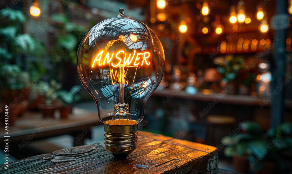 Poster conceptual illustration of a light bulb with a glowing filament forming the word answer, depicting t