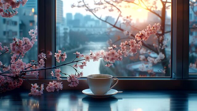  cup of coffee at the window with a spring cherry blossom cityscape of Kyoto. Seamless looping 4k time-lapse video animation background