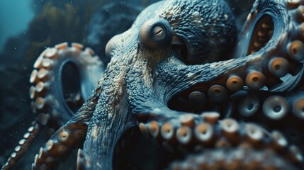 the mysterious life of an octopus in the deep sea captured in a vivid underwater photograph - obrazy, fototapety, plakaty