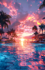 A natural landscape with a swimming pool surrounded by palm trees, under a sky filled with clouds and a sunset afterglow in the background