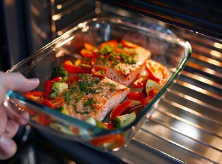 A hand holding a glass dish with a baked salmon fillet and vegetables, turning it over in the oven to finish the cooking process. - obrazy, fototapety, plakaty